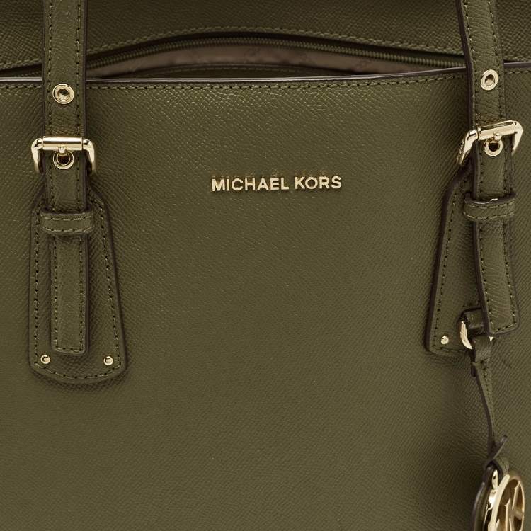 Pre Owned Michael Kors Voyager Medium Olive Green Leather Tote