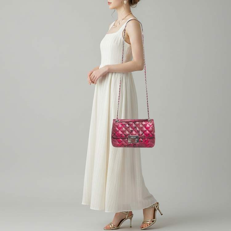 Pre Owned Michael Kors Tribeca Pink/Black Python Embossed Leather Shoulder Bag