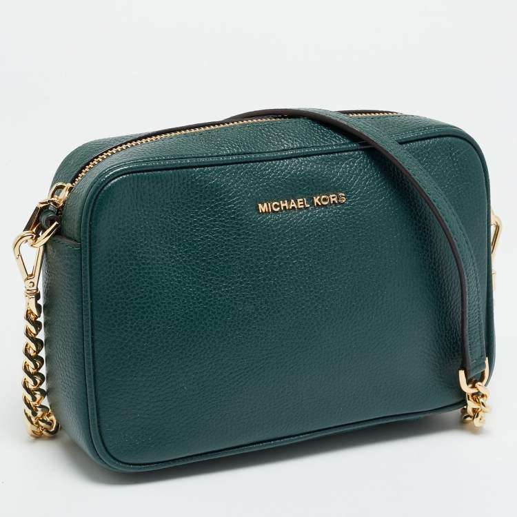 Pre Owned Michael Kors Jet Set Camera Green Leather Crossbody Bag
