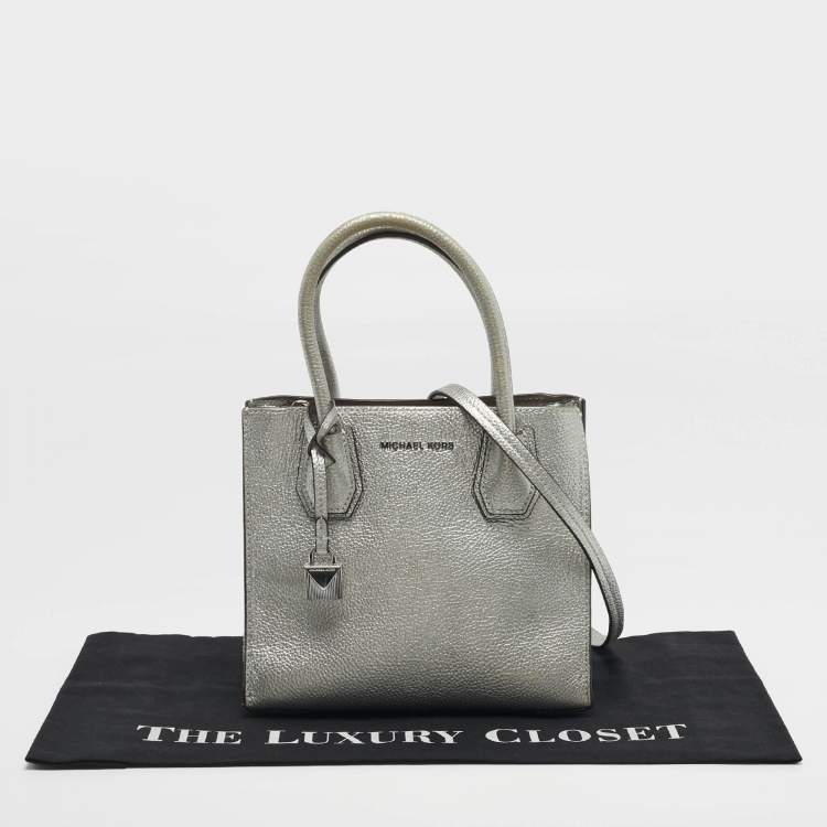 Pre Owned Michael Kors Mercer Small Silver Leather Tote