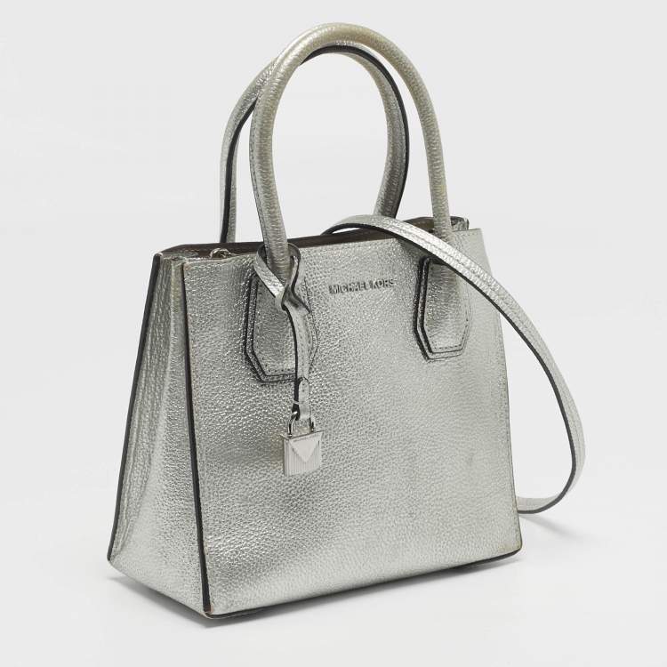 Pre Owned Michael Kors Mercer Small Silver Leather Tote