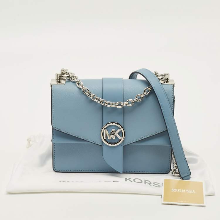 Pre Owned Michael Kors Greenwich Small Light Blue Leather Crossbody Bag