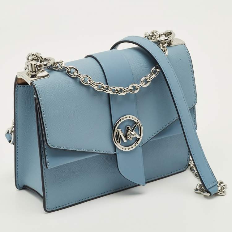 Pre Owned Michael Kors Greenwich Small Light Blue Leather Crossbody Bag