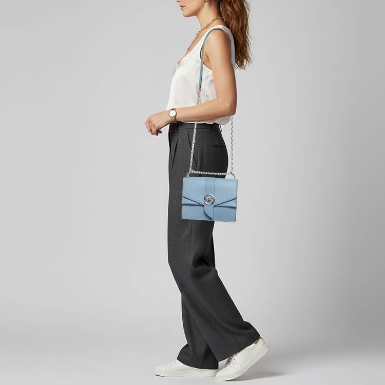 Pre Owned Michael Kors Greenwich Small Light Blue Leather Crossbody Bag