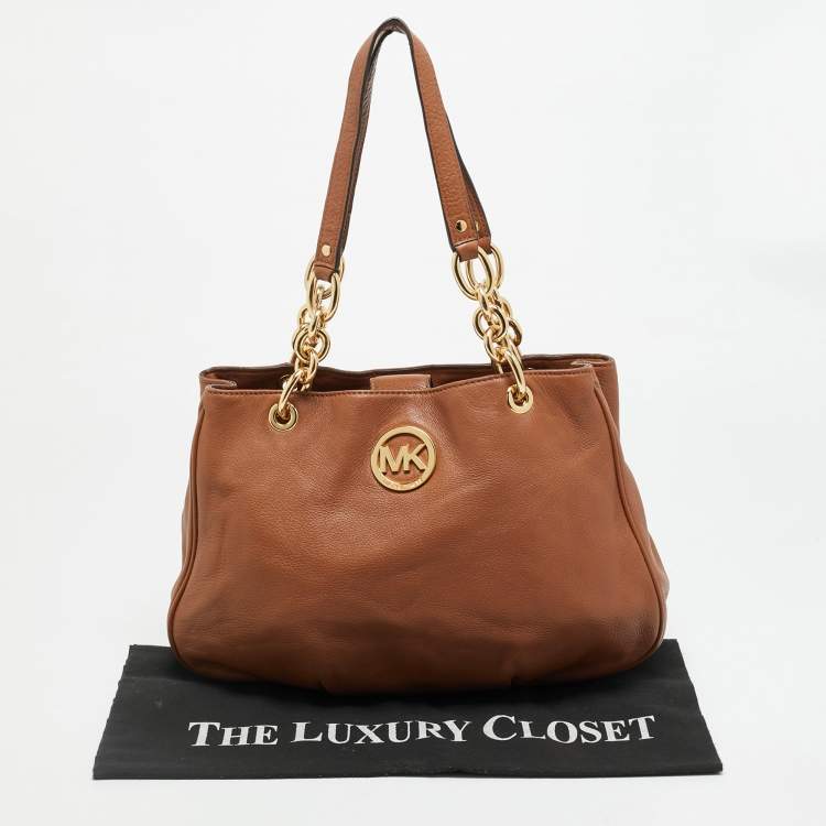 Pre Owned Michael Kors Fulton Chain Brown Leather Shoulder Bag