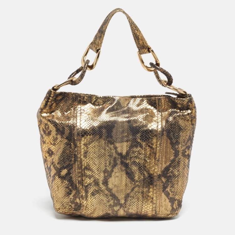 Pre Owned Michael Kors Chain Detail Gold Python Print Suede Hobo