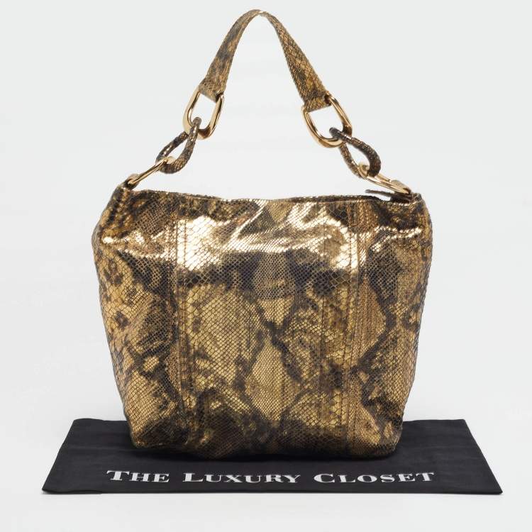 Pre Owned Michael Kors Chain Detail Gold Python Print Suede Hobo