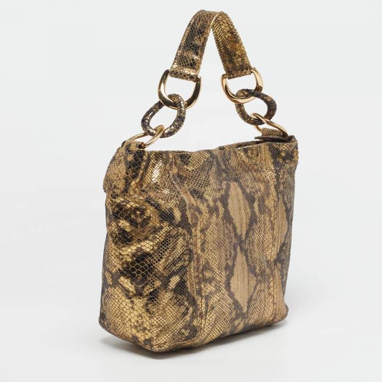 Pre Owned Michael Kors Chain Detail Gold Python Print Suede Hobo