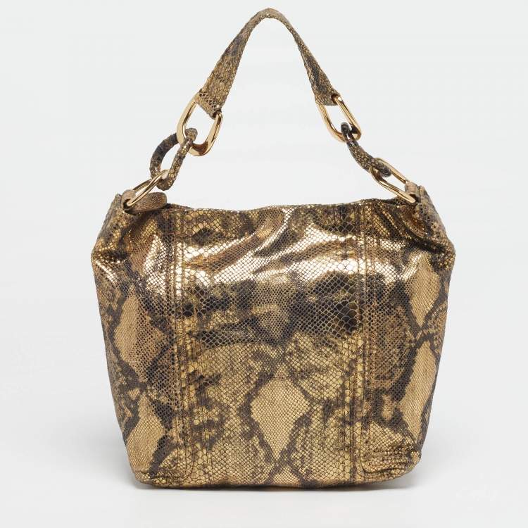 Pre Owned Michael Kors Chain Detail Gold Python Print Suede Hobo