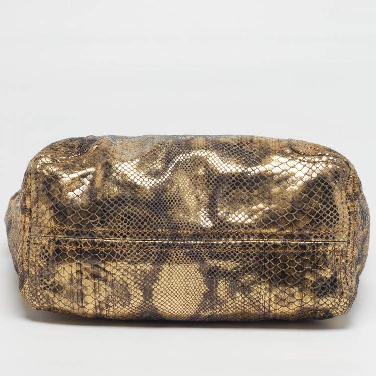Pre Owned Michael Kors Chain Detail Gold Python Print Suede Hobo