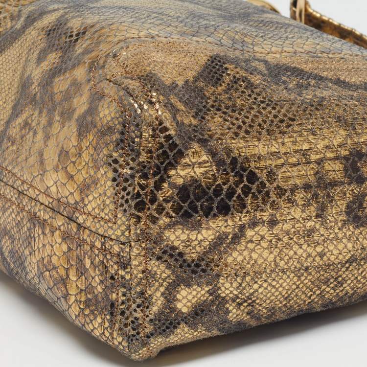 Pre Owned Michael Kors Chain Detail Gold Python Print Suede Hobo