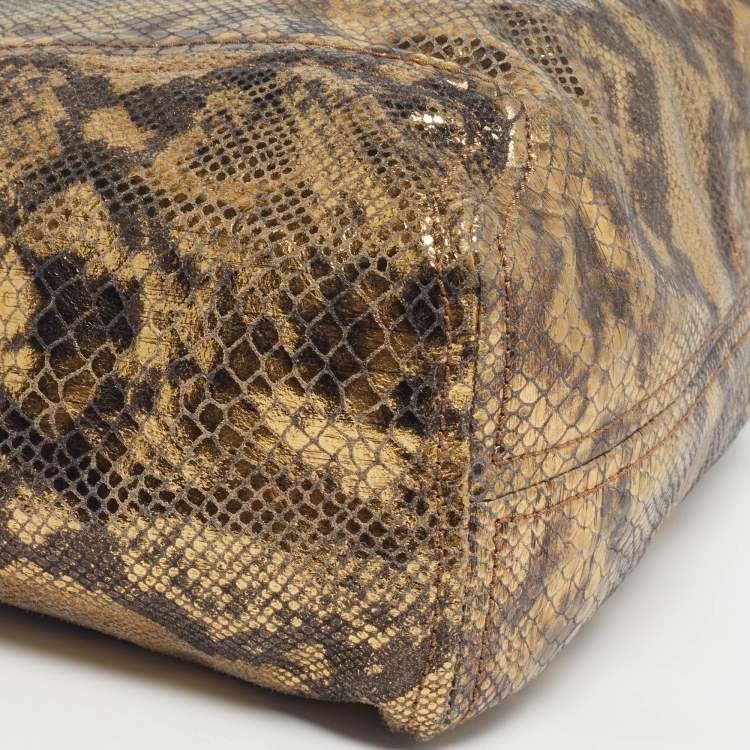 Pre Owned Michael Kors Chain Detail Gold Python Print Suede Hobo