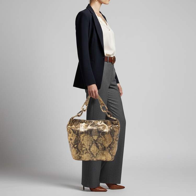 Pre Owned Michael Kors Chain Detail Gold Python Print Suede Hobo