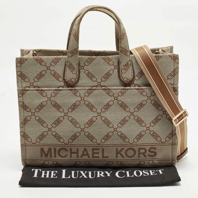 Pre Owned Michael Kors GIgi Large Beige/Brown Logo Jacquard Canvas Tote