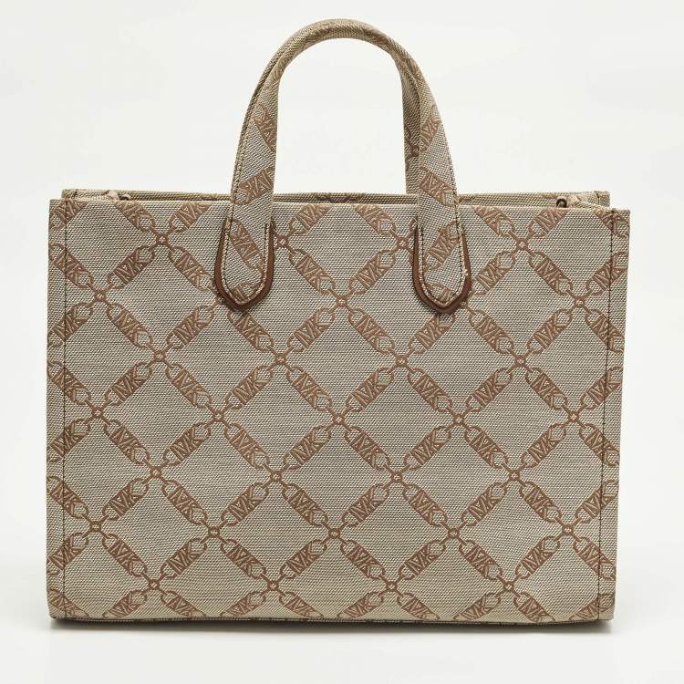 Pre Owned Michael Kors GIgi Large Beige/Brown Logo Jacquard Canvas Tote