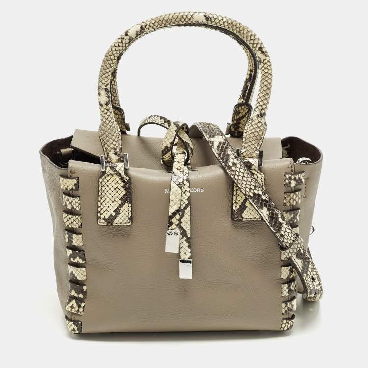 Pre Owned Michael Kors Miranda Mini Beige/Cream Leather and Python Trim Tote
