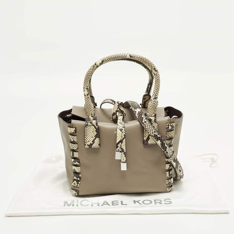 Pre Owned Michael Kors Miranda Mini Beige/Cream Leather and Python Trim Tote