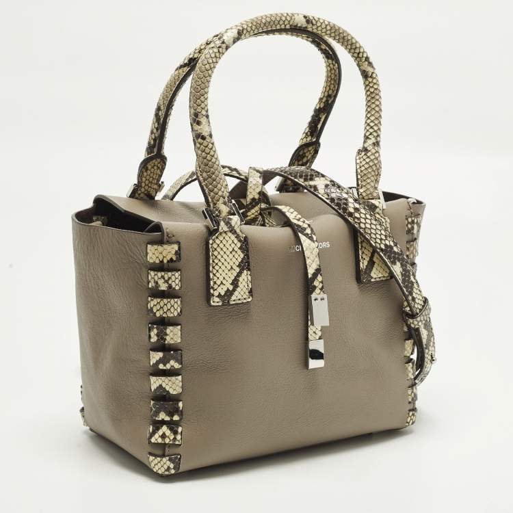 Pre Owned Michael Kors Miranda Mini Beige/Cream Leather and Python Trim Tote