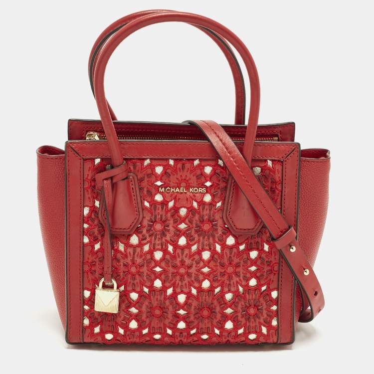 Pre Owned Michael Kors Mercer Studio Floral Cut Out Red Leather Tote
