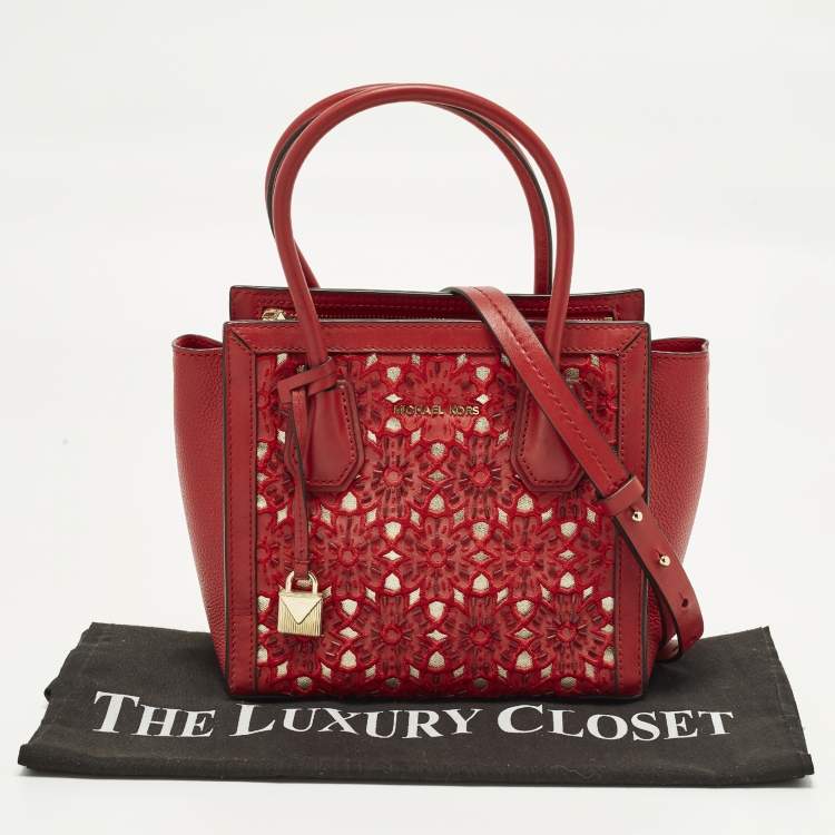 Pre Owned Michael Kors Mercer Studio Floral Cut Out Red Leather Tote