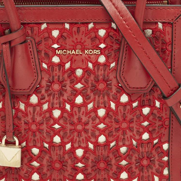 Pre Owned Michael Kors Mercer Studio Floral Cut Out Red Leather Tote