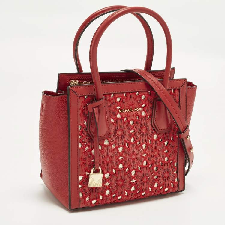 Pre Owned Michael Kors Mercer Studio Floral Cut Out Red Leather Tote