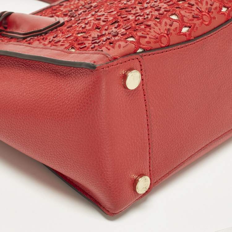 Pre Owned Michael Kors Mercer Studio Floral Cut Out Red Leather Tote