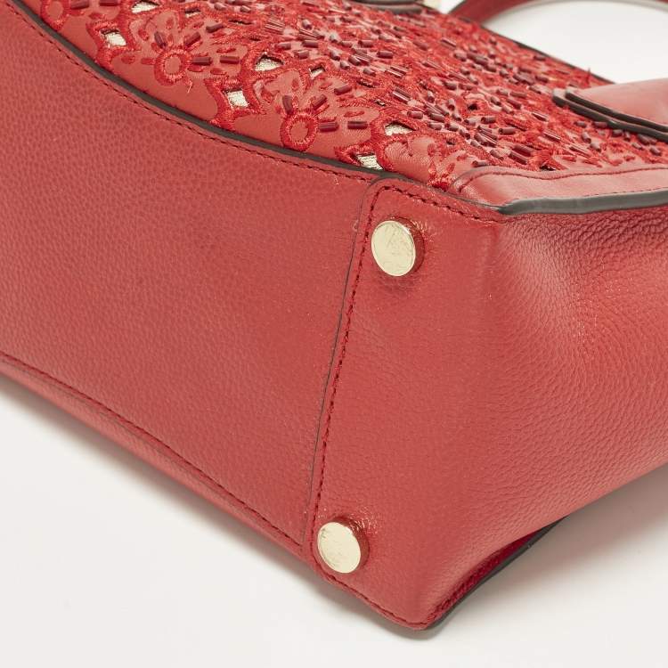 Pre Owned Michael Kors Mercer Studio Floral Cut Out Red Leather Tote