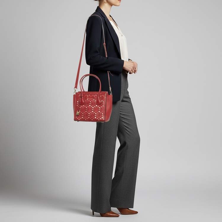 Pre Owned Michael Kors Mercer Studio Floral Cut Out Red Leather Tote