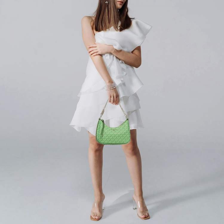 Pre Owned Michael Kors Jet Set Green Signature Coated Canvas Chain Pochette