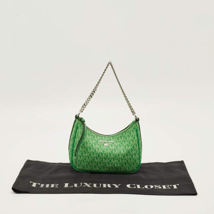 Pre Owned Michael Kors Jet Set Green Signature Coated Canvas Chain Pochette