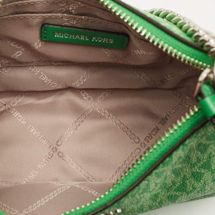 Pre Owned Michael Kors Jet Set Green Signature Coated Canvas Chain Pochette