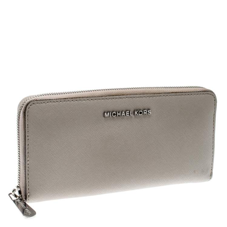 Pre Owned Michael Kors Grey Saffiano Leather Zip Around Wallet