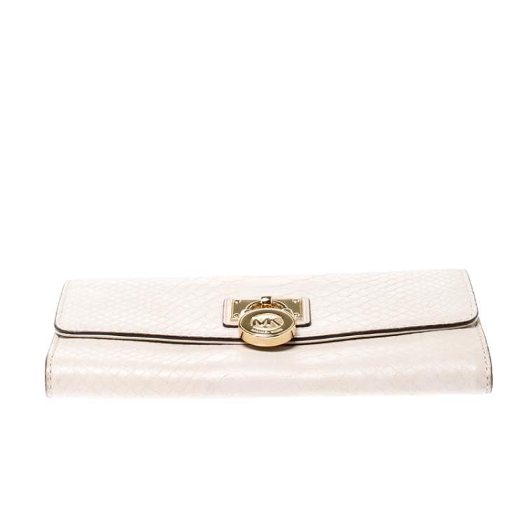 Pre Owned Michael Kors Beige Python Embossed Leather Hamilton Flap Wallet