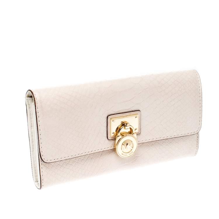 Pre Owned Michael Kors Beige Python Embossed Leather Hamilton Flap Wallet