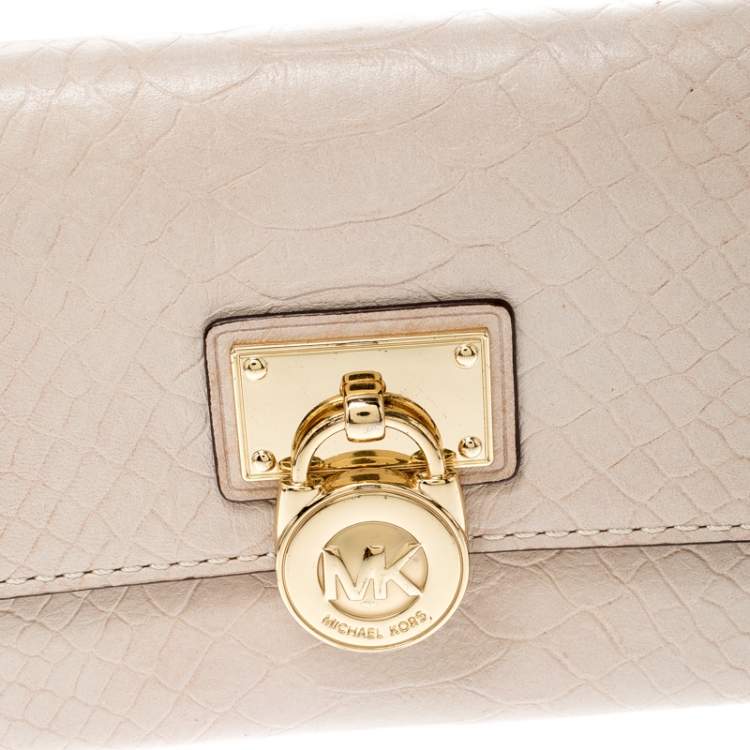Pre Owned Michael Kors Beige Python Embossed Leather Hamilton Flap Wallet