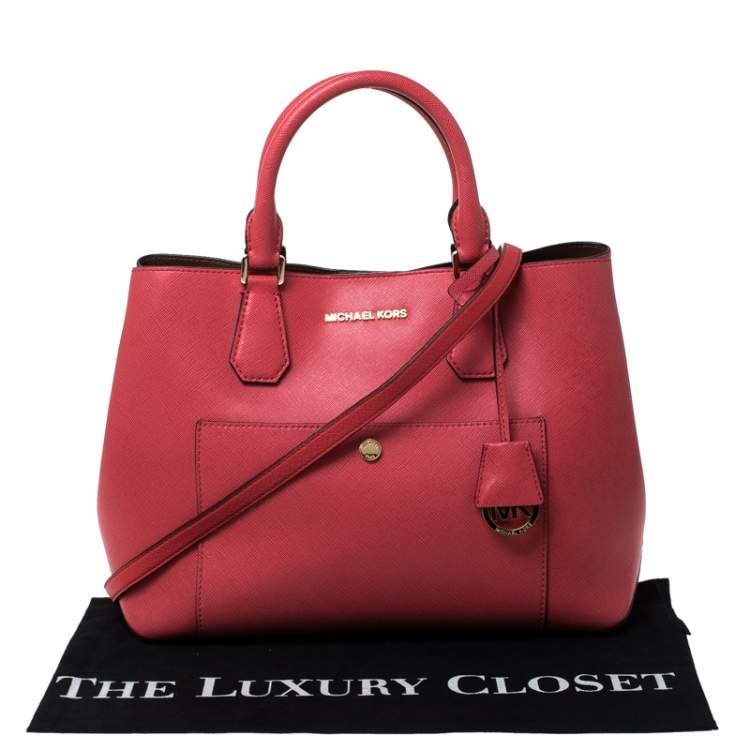 Pre Owned Michael Kors Red Leather Jet Set Snap Pocket Tote