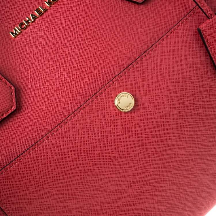 Pre Owned Michael Kors Red Leather Jet Set Snap Pocket Tote