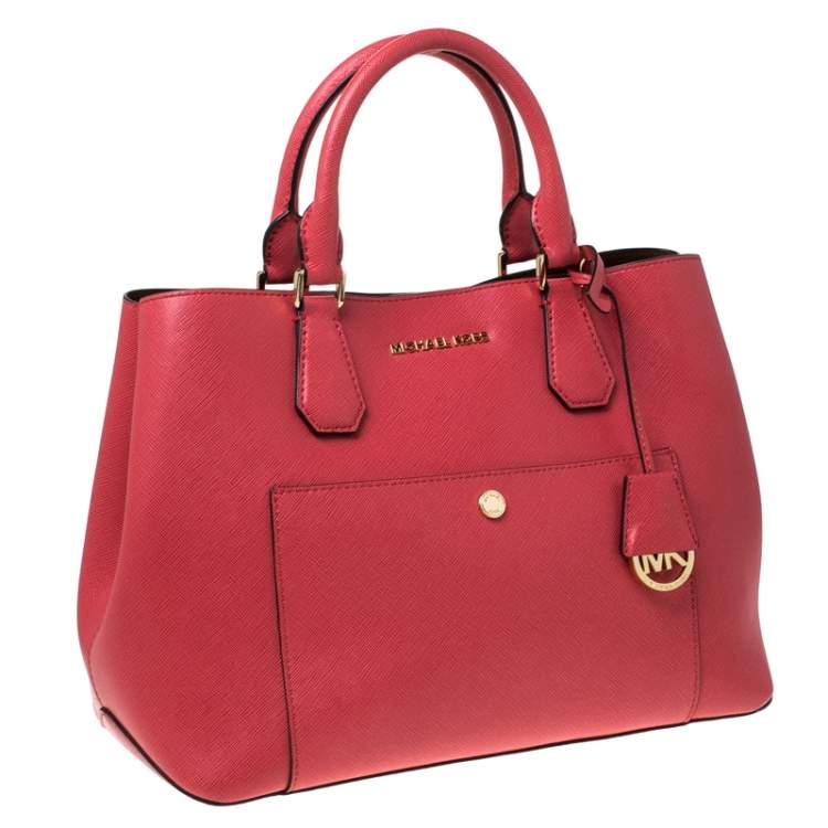 Pre Owned Michael Kors Red Leather Jet Set Snap Pocket Tote
