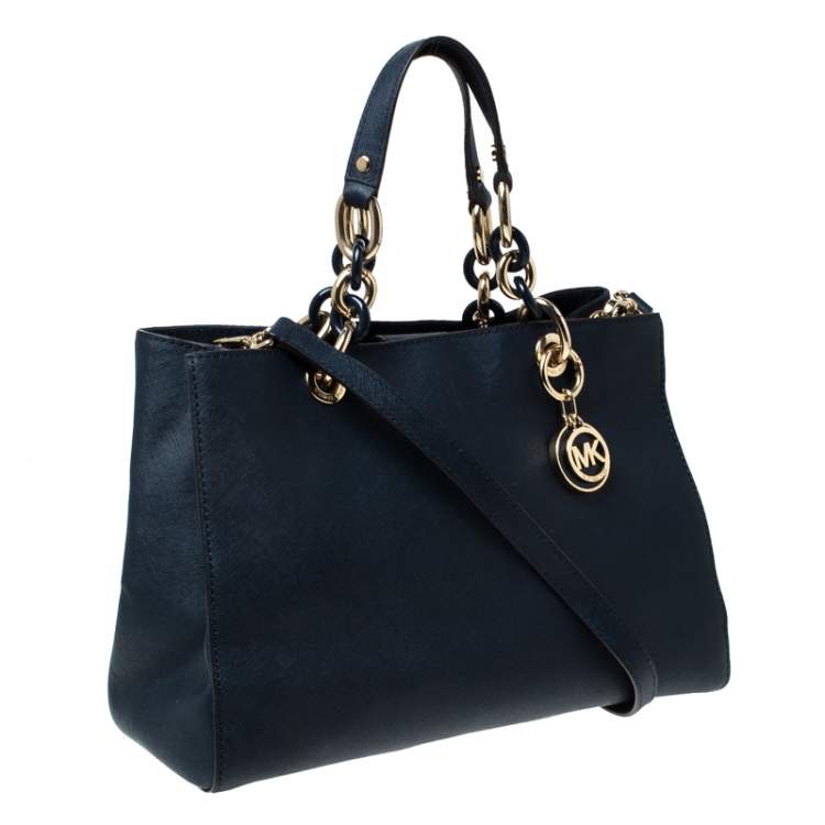 Pre Owned MICHAEL Michael Kors Navy Blue Leather Medium Cynthia Tote