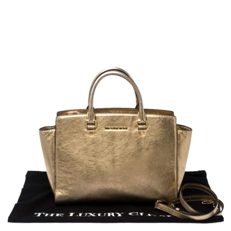 Pre Owned MICHAEL Michael Kors Gold Metallic Leather Medium Selma Tote