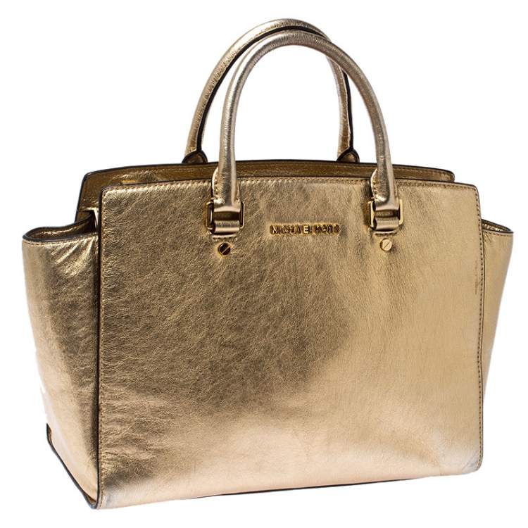 Pre Owned MICHAEL Michael Kors Gold Metallic Leather Medium Selma Tote