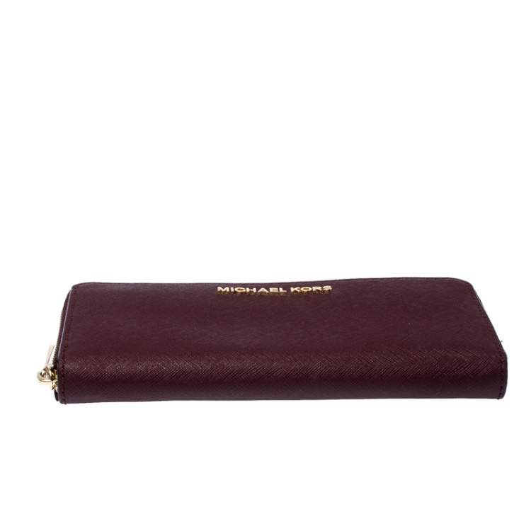 Pre Owned Michael Kors Burgundy Saffiano Leather Zip Around Wallet