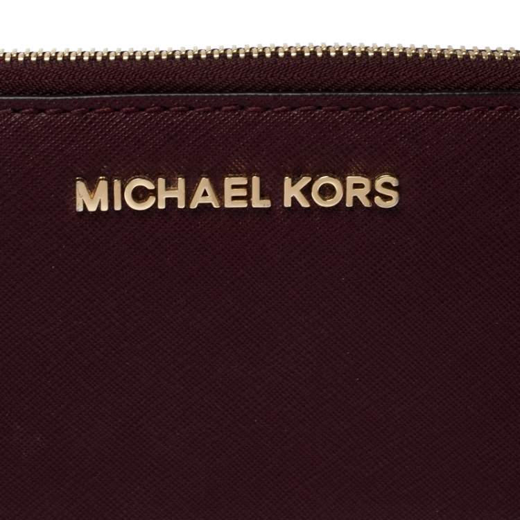Pre Owned Michael Kors Burgundy Saffiano Leather Zip Around Wallet