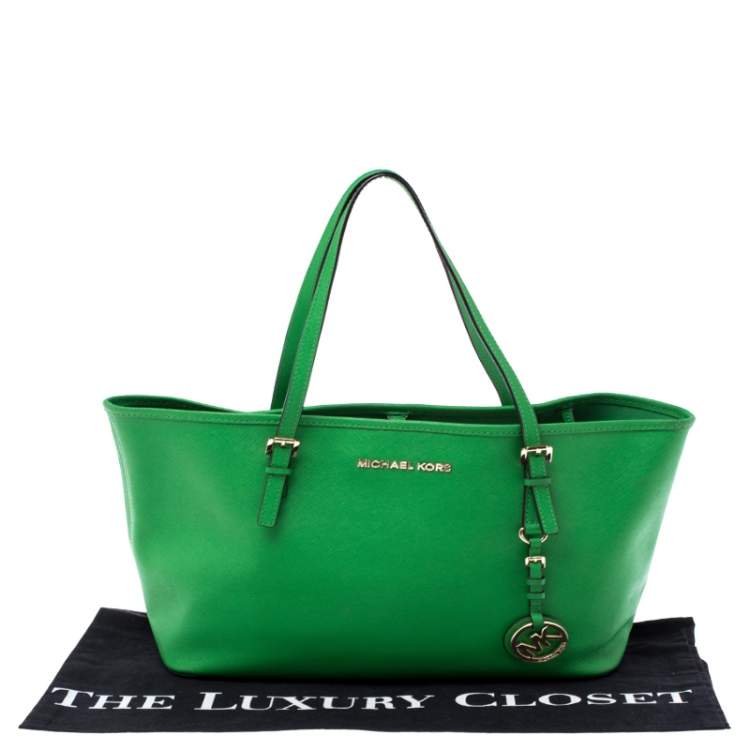 Pre Owned Michael Kors Green Saffiano Leather Jet Set Travel Tote