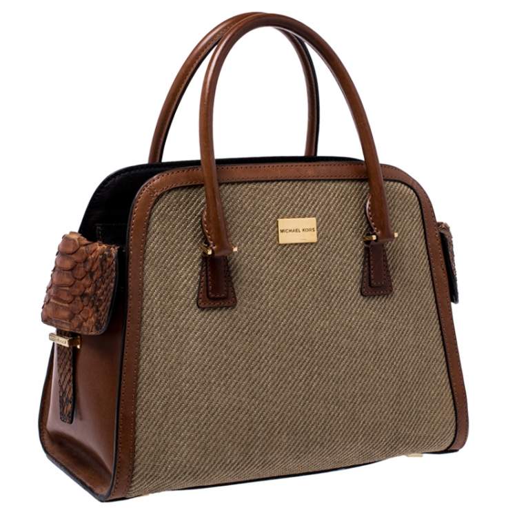 Pre Owned Michael Kors Beige/Brown Woven Raffia and Python Leather Trimmed Gia Satchel
