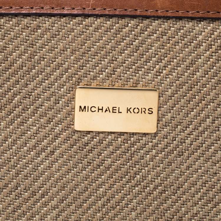 Pre Owned Michael Kors Beige/Brown Woven Raffia and Python Leather Trimmed Gia Satchel