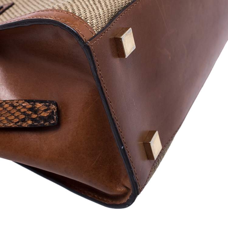 Pre Owned Michael Kors Beige/Brown Woven Raffia and Python Leather Trimmed Gia Satchel