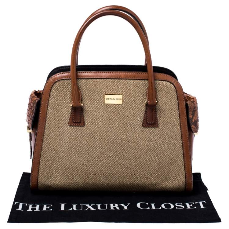 Pre Owned Michael Kors Beige/Brown Woven Raffia and Python Leather Trimmed Gia Satchel