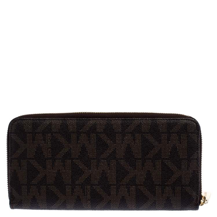 Pre Owned Michael Kors Brown Signature Leather Zip Around Continental Wallet